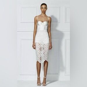 Misha Collection Satin & Lace Crochet White Jumpsuit Midi Dress, size XS